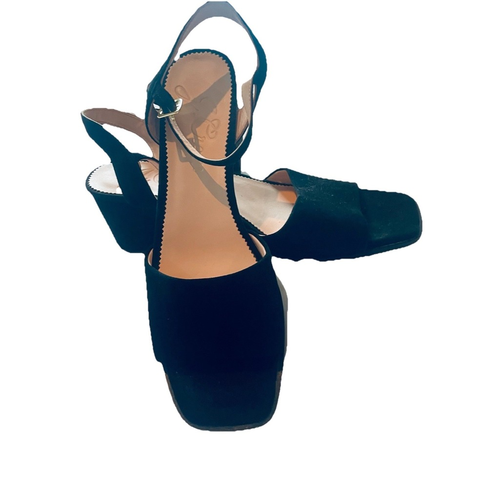 J.Crew Black Suede Block Heel Sandals –Size 10.5 Ankle Strap, Square Toe EUC